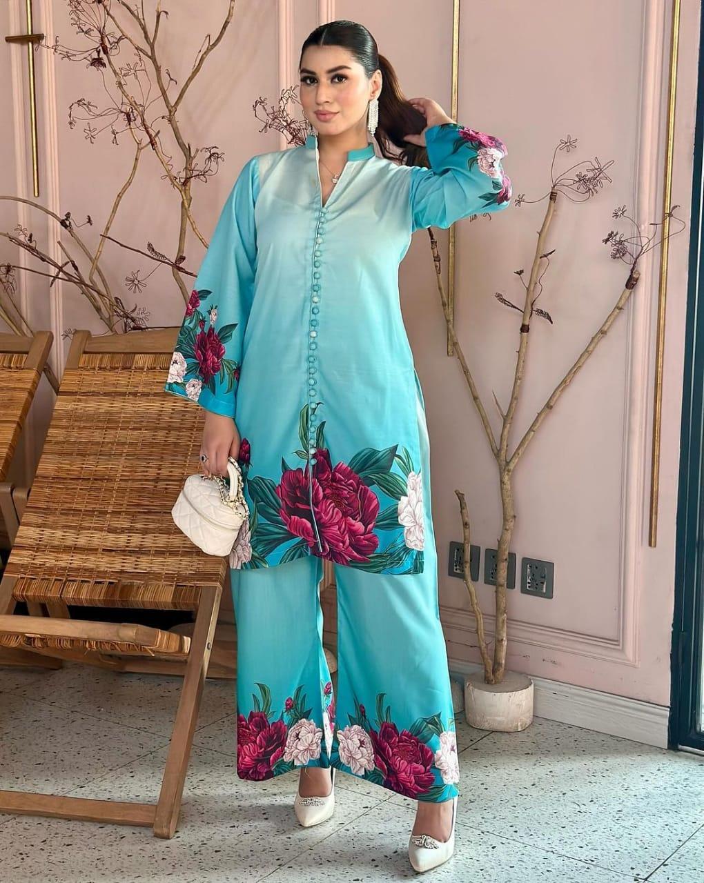 Women's Stitched Printed Shirt and Trouser Set -2 Pcs in Shamoz Silk - Bold Beautiful