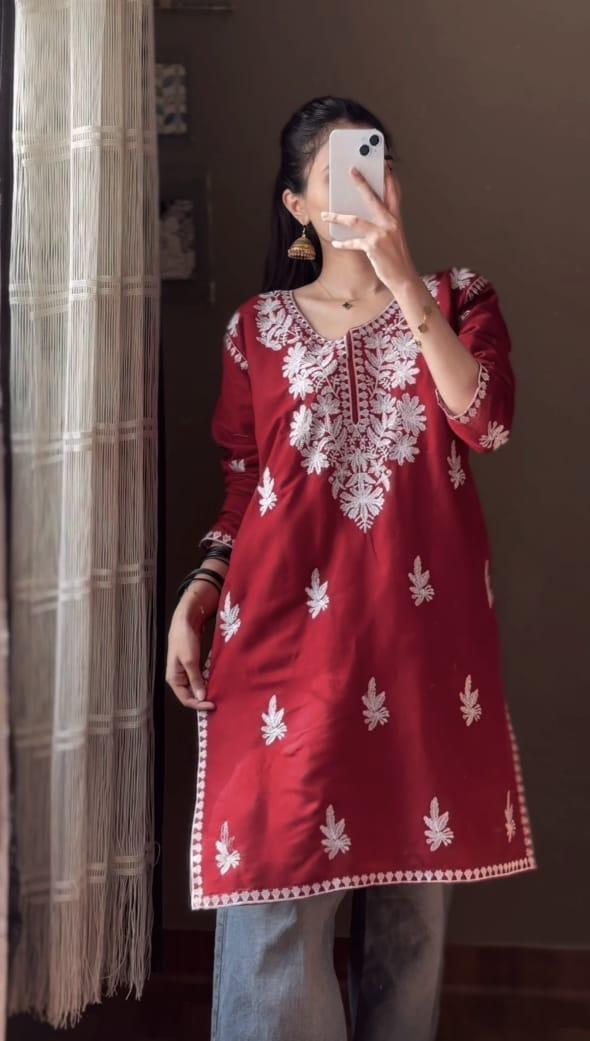 Stylish Linen Kurta For Women-2 Pc Available In Maroon&Yellow - Bold Beautiful