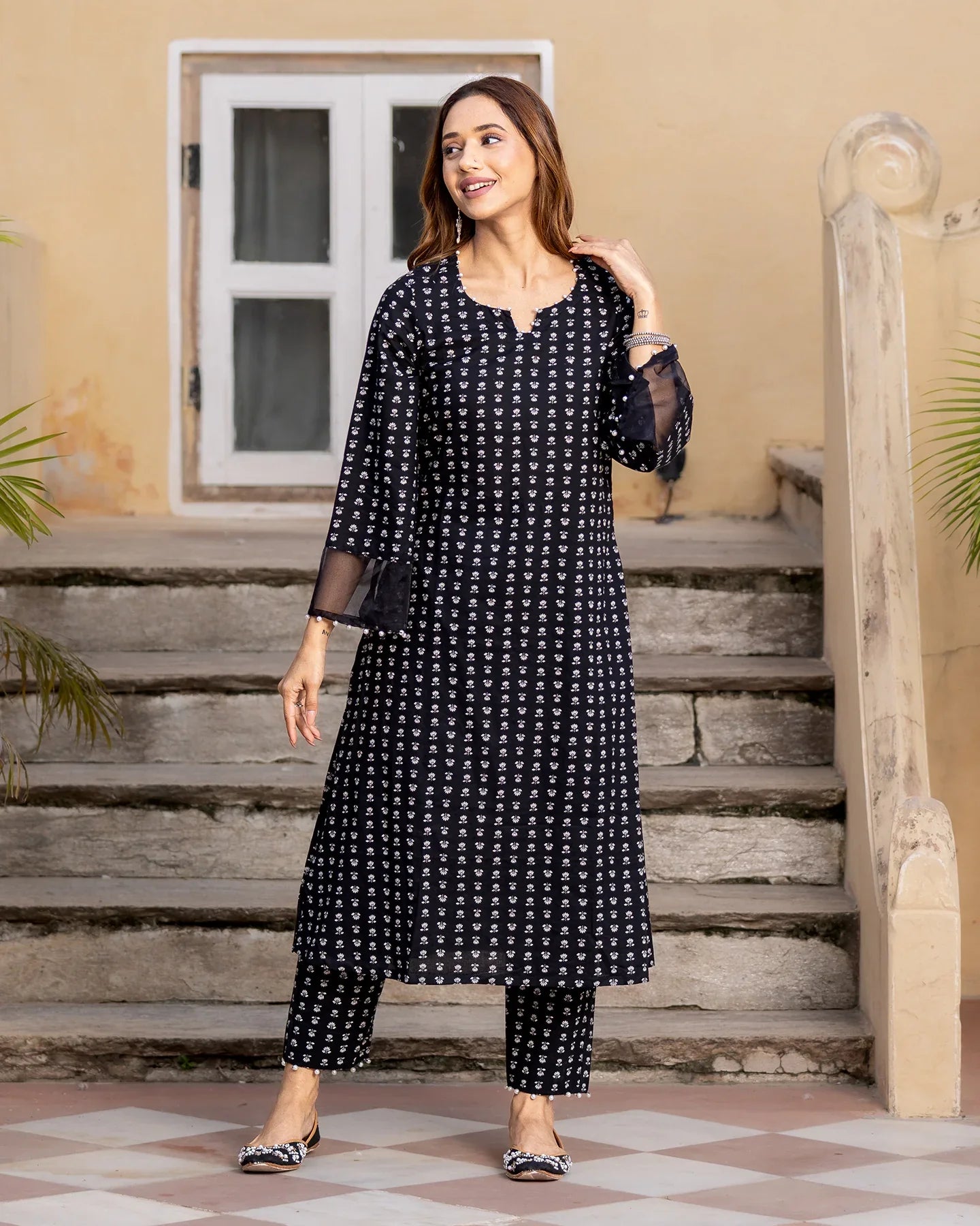 BLACK PRINTED COTTON KURTA SET - Bold Beautiful
