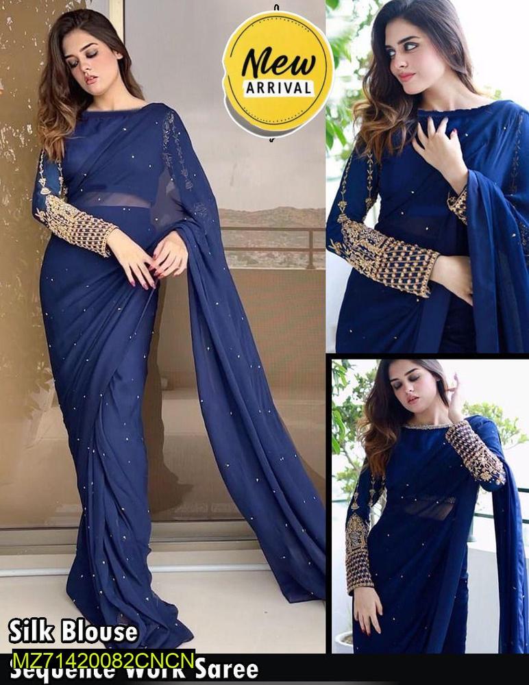 3 Pcs Women's Silk Sequine Stitched Saree - Bold Beautiful