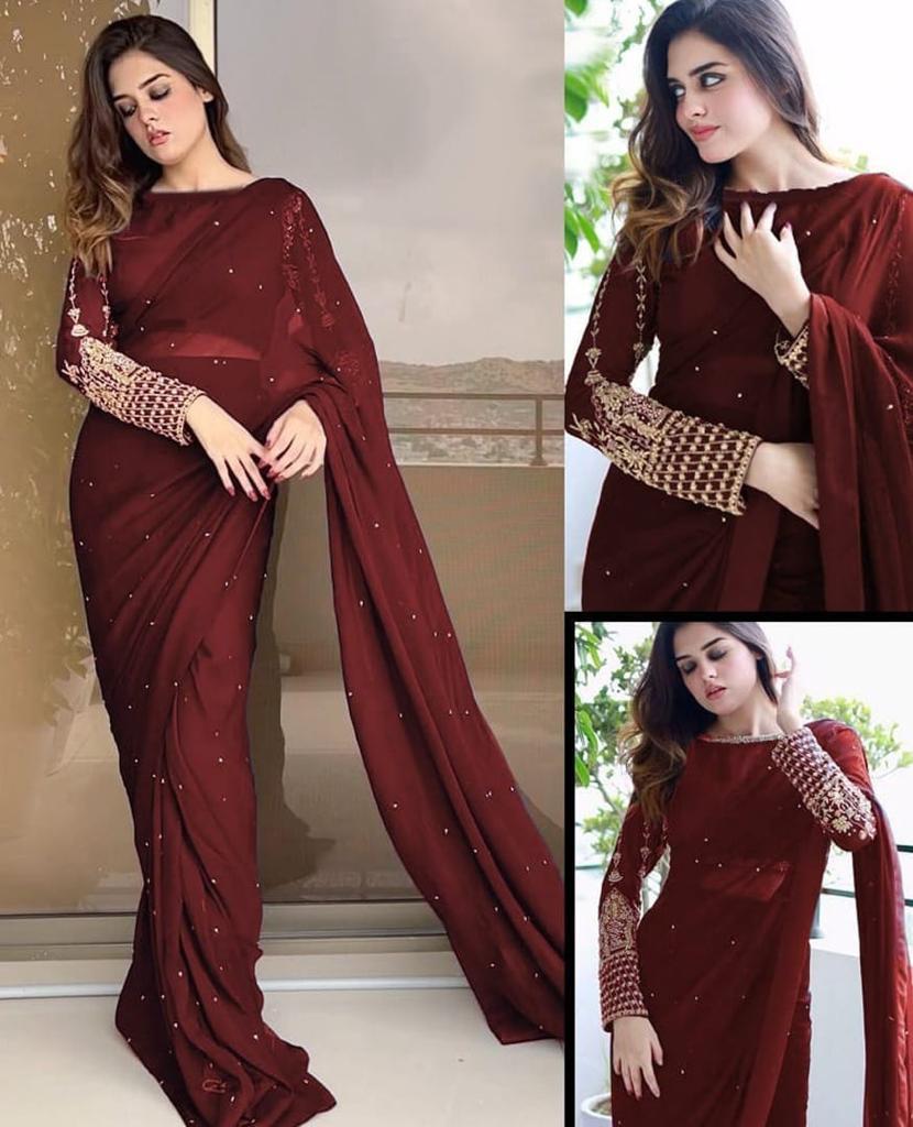 3 Pcs Women's Silk Sequine Stitched Saree - Bold Beautiful