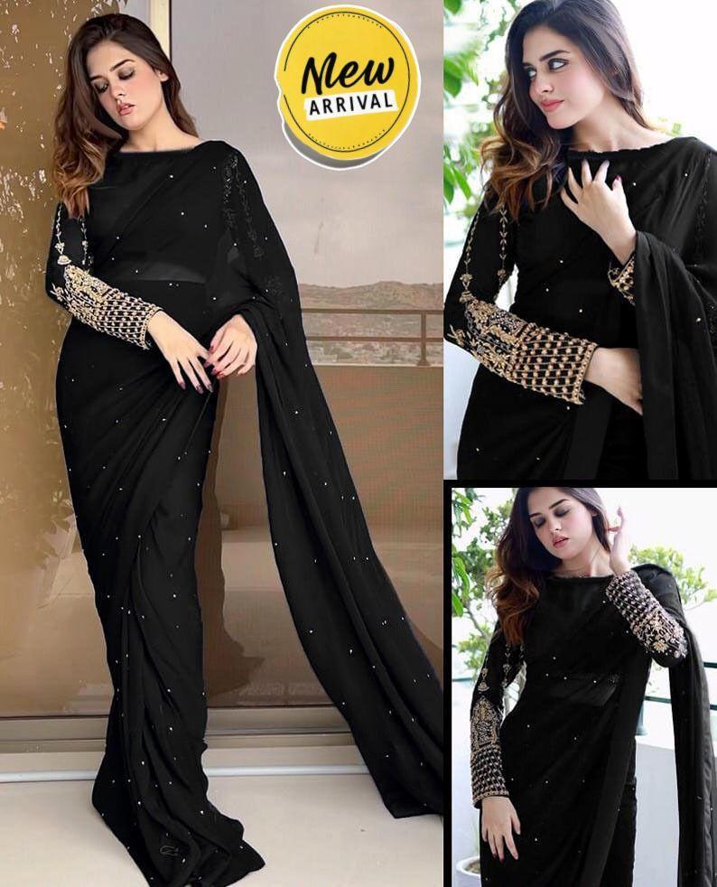 3 Pcs Women's Silk Sequine Stitched Saree - Bold Beautiful