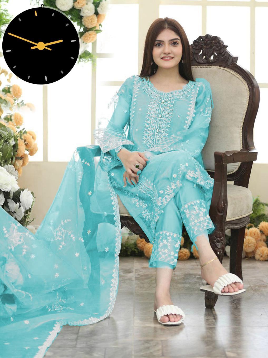 3 Pcs Women's Stitched Organza Suit With Embroidered Dupatta - Bold Beautiful