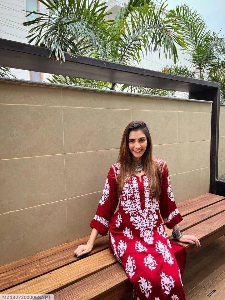 1 Pcs Women's Stitched Linen Chikankari Embroidered Kurta - Bold Beautiful