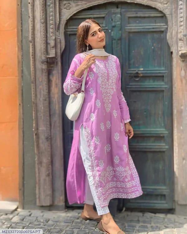 1 Pcs Women's Stitched Linen Chikankari Embroidered Kurta - Bold Beautiful