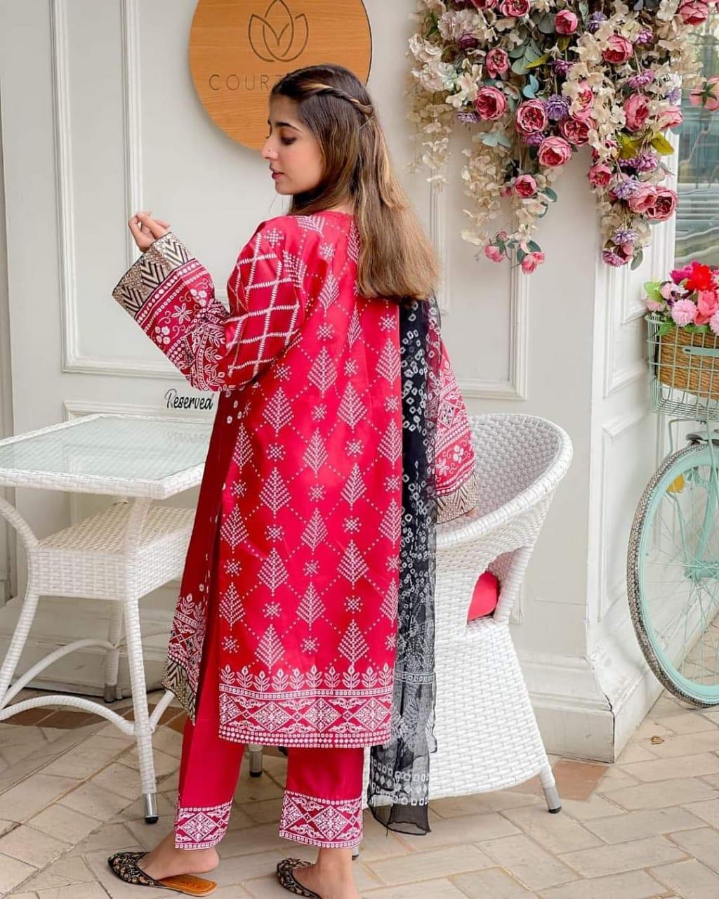 3 Pcs Women's Stitched Katan Silk Printed Suit - Bold Beautiful
