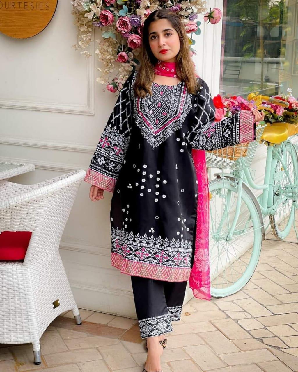 3 Pcs Women's Stitched Katan Silk Printed Suit - Bold Beautiful