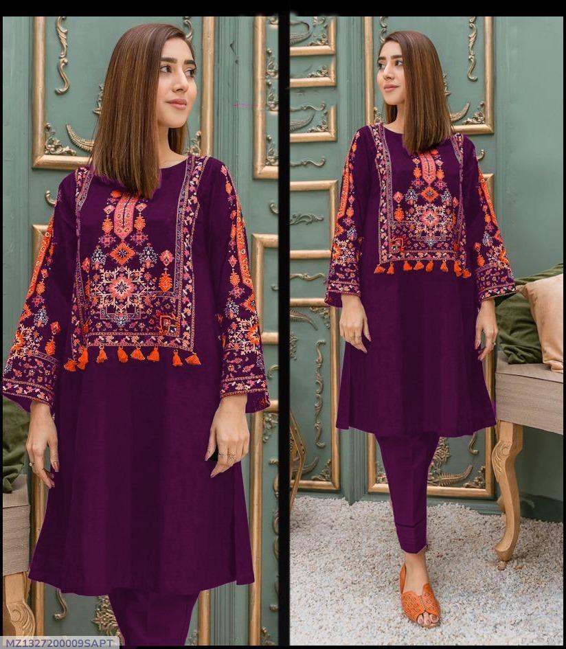 2 Pcs Women's Stitched Linen Embroidered Shirt and Trouser - Bold Beautiful