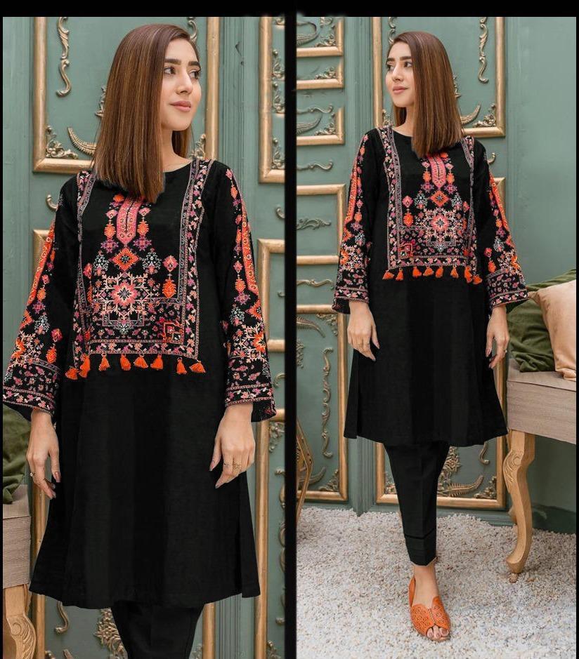 2 Pcs Women's Stitched Linen Embroidered Shirt and Trouser - Bold Beautiful