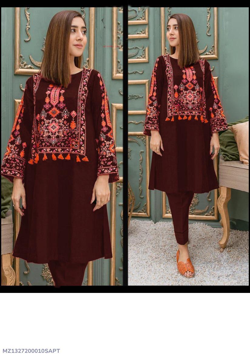2 Pcs Women's Stitched Linen Embroidered Shirt and Trouser - Bold Beautiful