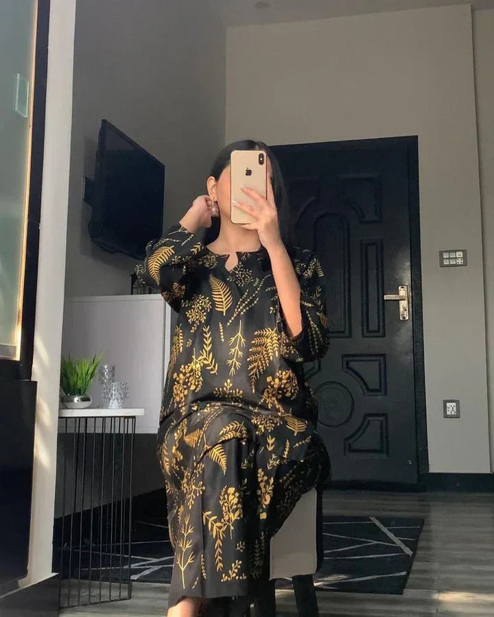 2 Pcs Women's Stitched Linen Printed Suit - Bold Beautiful